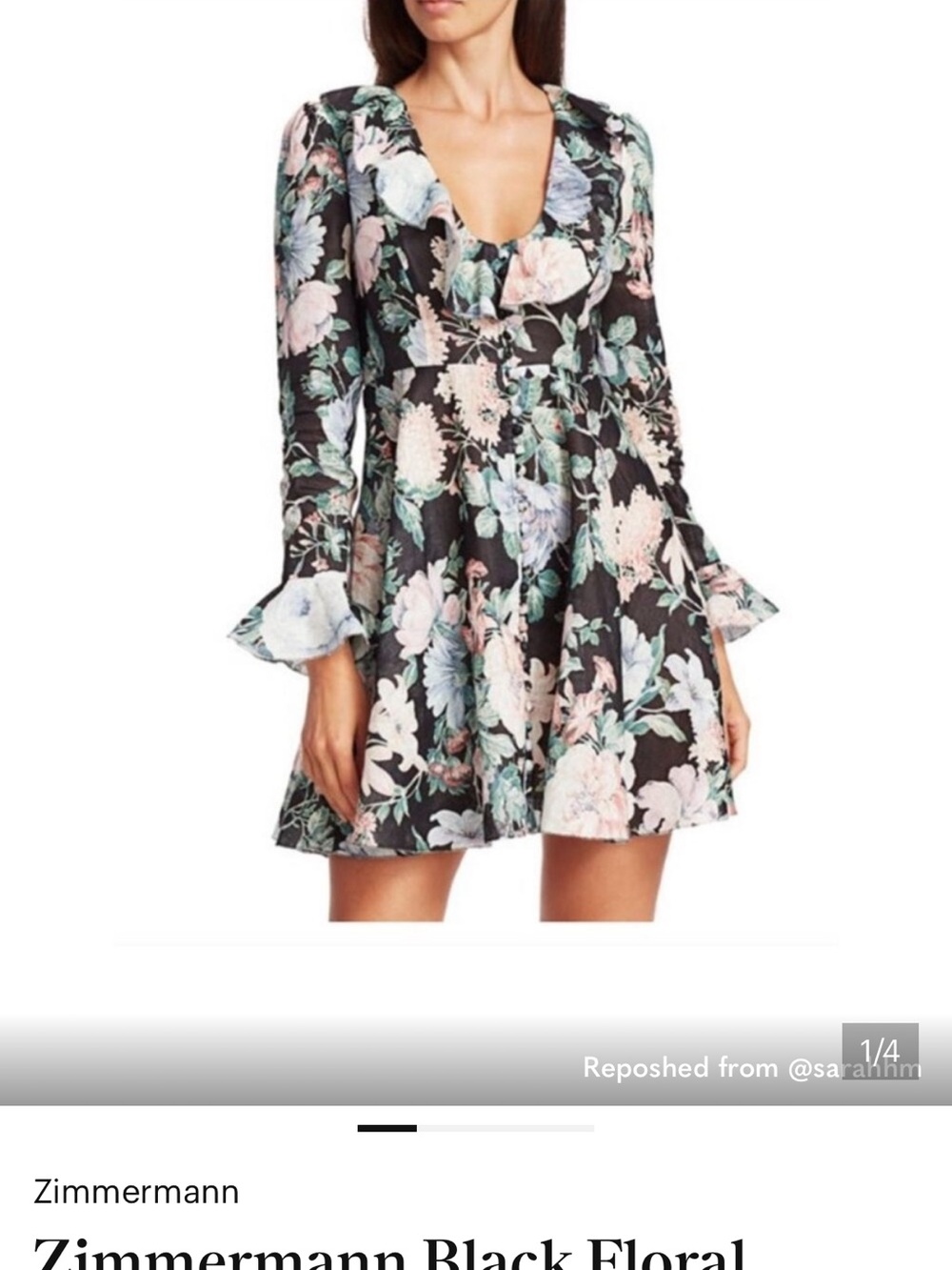 Zimmermann Black Floral Long-Sleeve Mini Dress with Pastel Blooms